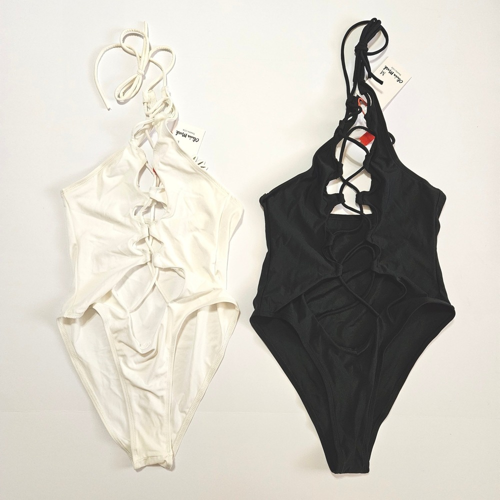Olivia Mark Womens 2pk Lace Up Halter One Piece Swimsuit Black White Medium NWT